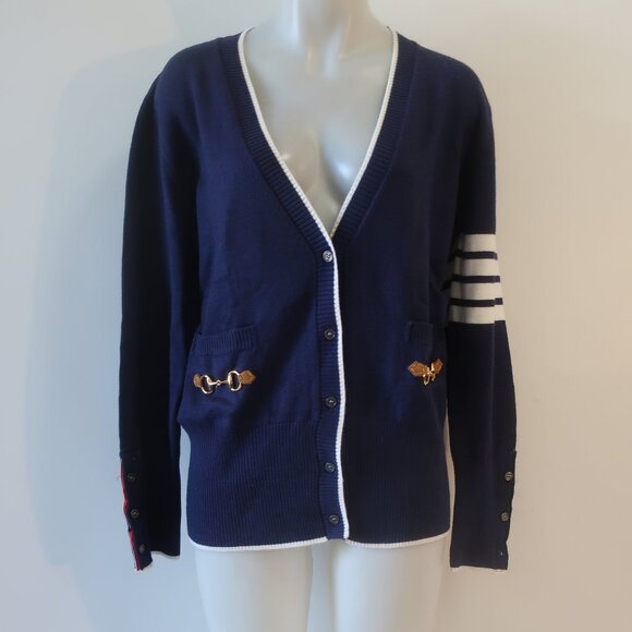 NWT Romi Basha Harper Navy Blue, White Cardigan Sweater O/S - Picture 6 of 10
